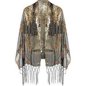 BABEYOND 1920s Sequined Peacock Shawl Wrap, Fringed Evening Cape for Weddings